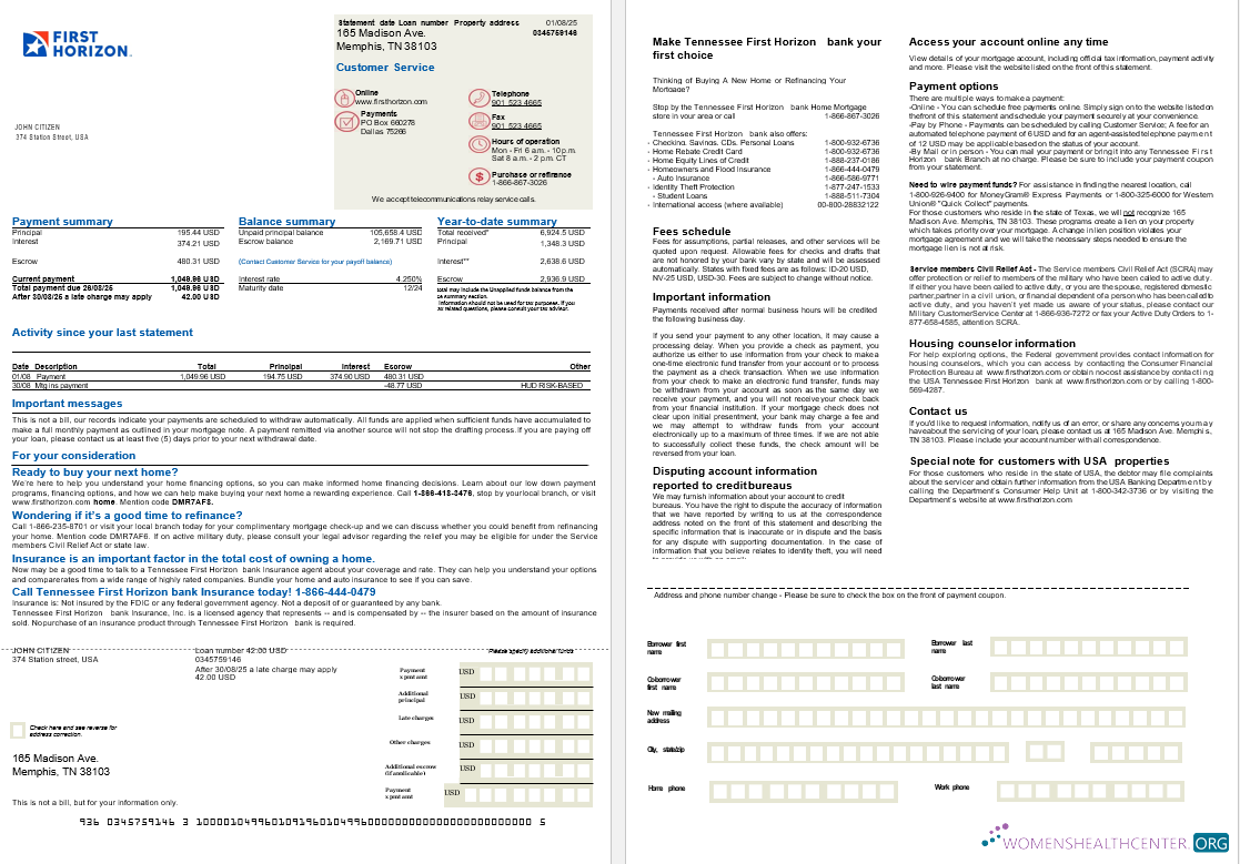 USA Tennessee First Horizon Bank mortgage statement in Word and PDF formats, 2 pages